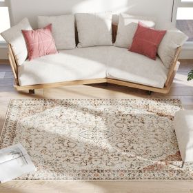 HOMCOM Area Rug 4x6, Machine Washable Rug, Non-Slip Classical Floral Print Floor Carpet for Living Room, Bedroom, Mixed-Brown